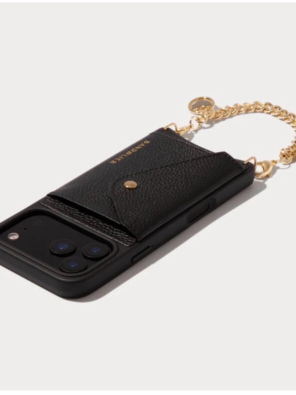 Bandolier Black Leather Maya iPhone 16 ProMax Case w/Gold Chain Strap